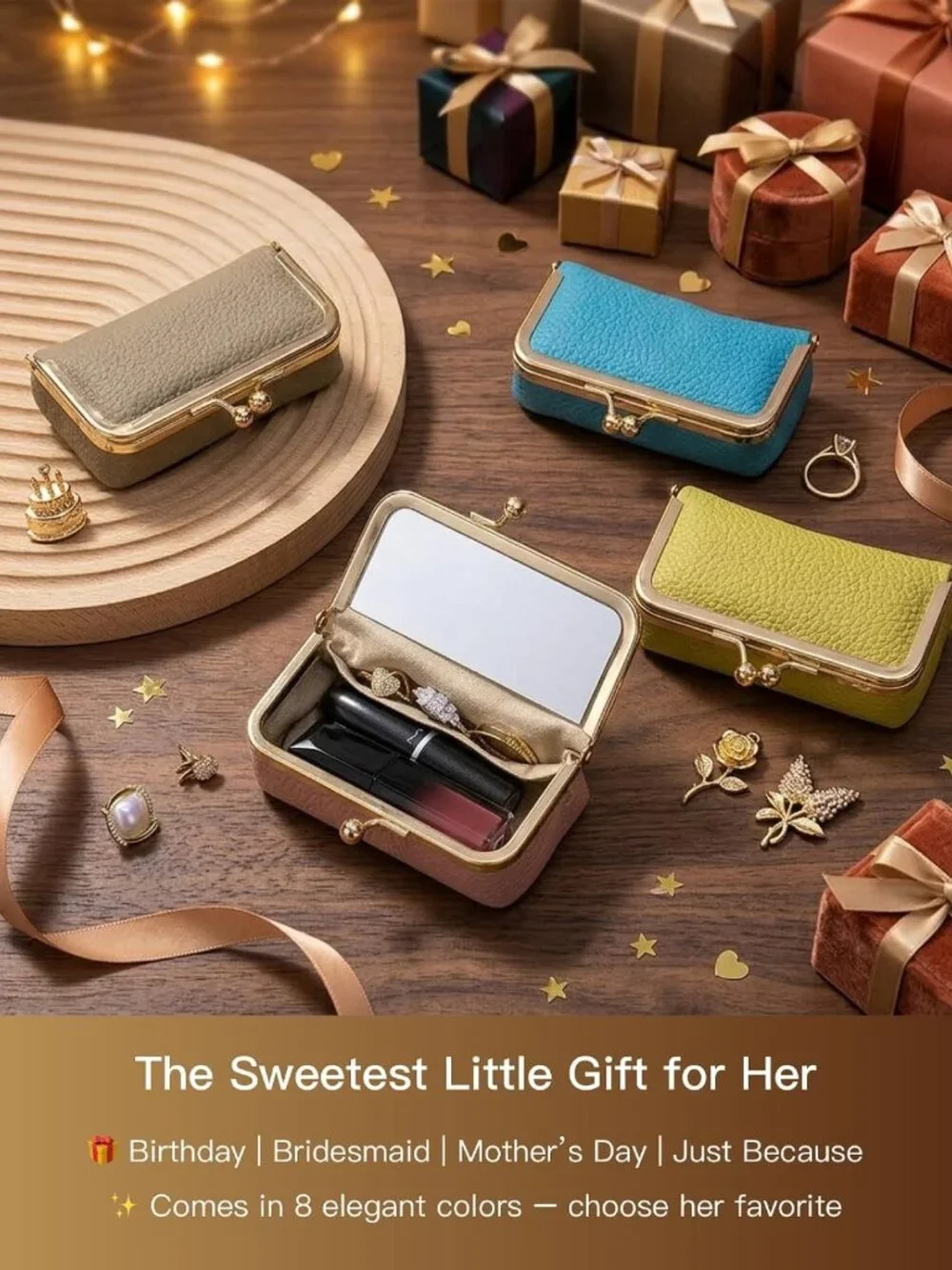 Mini Genuine Leather Travel Jewelry Box & Organizer with Mirror - Cute Gift for